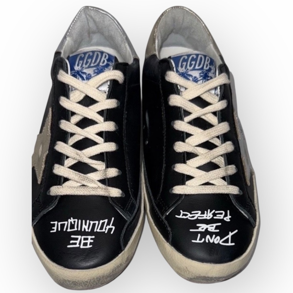 Golden Goose Black and White Sneakers with Star and Text